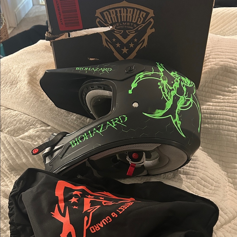 Black and Green Biohazard Motorcycle Helmet